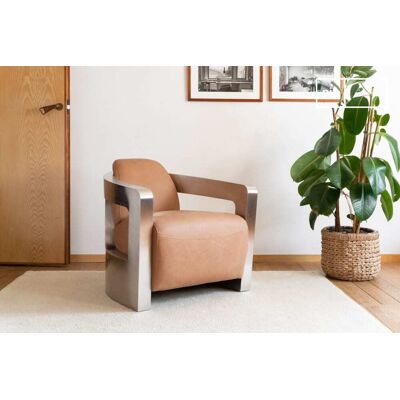 PIB Fauteuil en cuir camel et métal chromé - Publicité PIB Fauteuil en cuir camel et métal chromé - Publicité