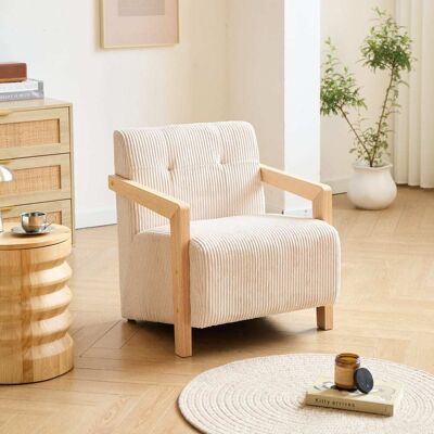 Nordlys Fauteuil de salon en bois massif et velours côtelé beige - Publicité Nordlys Fauteuil de salon en bois massif et velours côtelé beige - Publicité