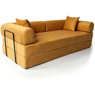 Menzzo Canapé 3 places convertible et modulable tissu doux texturé ocre doré - Publicité Menzzo Canapé 3 places convertible et modulable tissu doux texturé ocre doré - Publicité