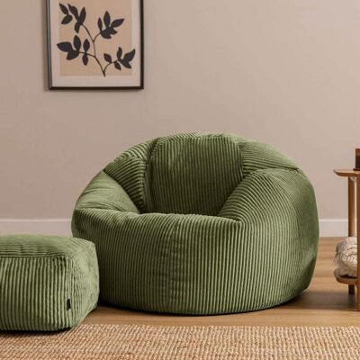 Icon Pouf fauteuil large xl avec repose-pied velours côtelé vert sauge - Publicité Icon Pouf fauteuil large xl avec repose-pied velours côtelé vert sauge - Publicité