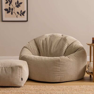 Icon Pouf fauteuil large xl avec repose-pied velours côtelé beige galet - Publicité Icon Pouf fauteuil large xl avec repose-pied velours côtelé beige galet - Publicité