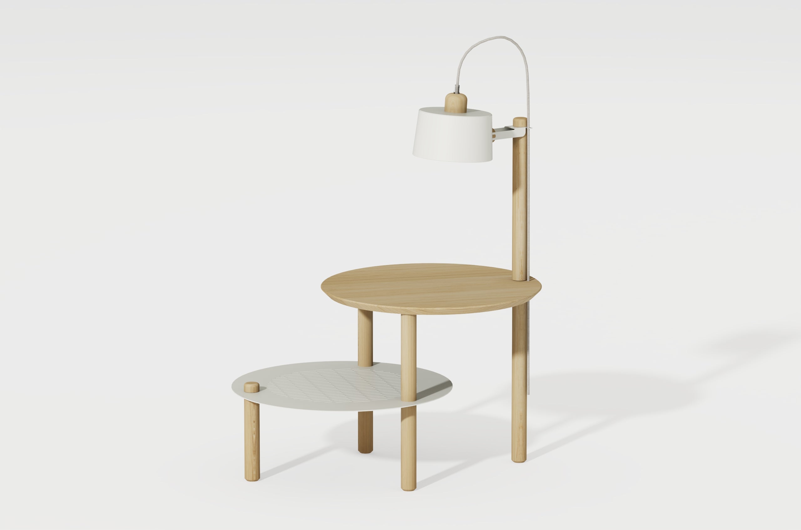 DIZY design Table d'appoint avec plateaux décalés, lampe en chêne & métal blanc