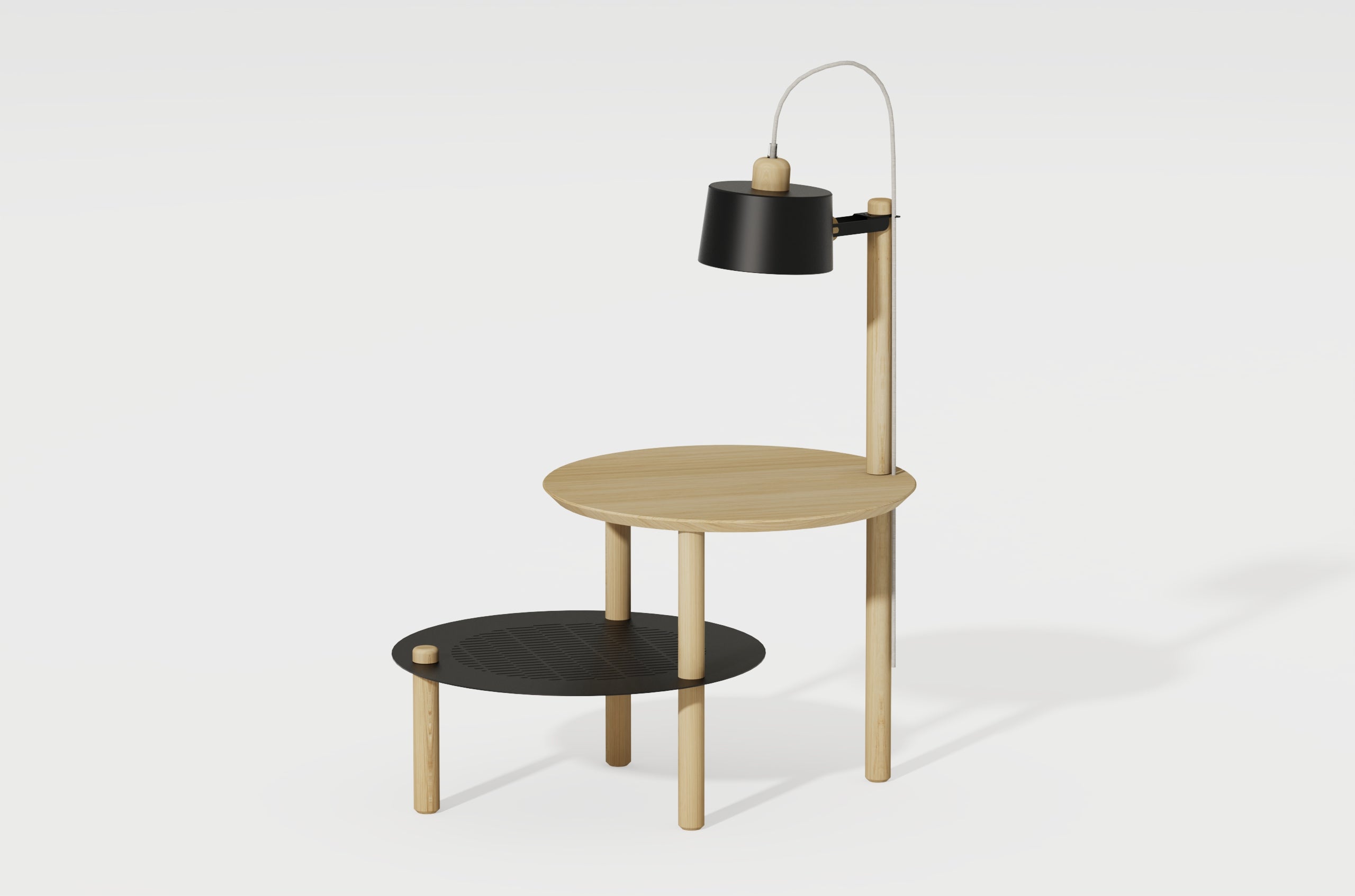 DIZY design Table d'appoint avec plateaux décalés, lampe en chêne & métal noir