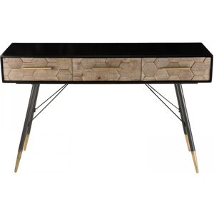 MACABANE Console noire 3 tiroirs en sapin marquete pieds metal dore