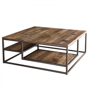 MACABANE Table basse carree en teck recycle acacia mahogany metal noir L100
