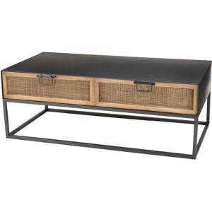 MACABANE Table basse en metal noir 2 tiroirs cannage naturel L110