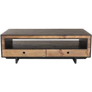 MACABANE Table basse 4 tiroirs 1 niche en pin recycle naturel et noir L135