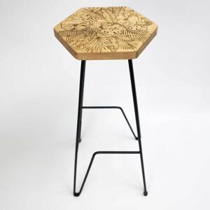 Woodstache Tabouret bar en chene massif gravure Jungle H79 cm