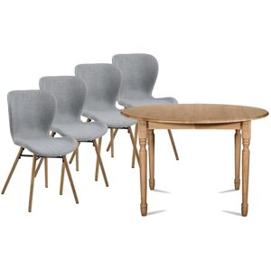 Hellin Table ronde extensible pieds tournes D115 + 4 chaises tissu