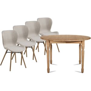 Hellin Table ronde extensible pieds tournes D115 + 4 chaises tissu