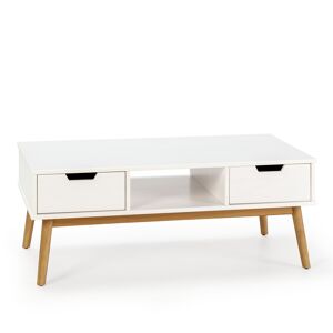 HOMN Table basse blanc, fabrique en bois de pin massif, 2 tiroirs, 110 cm