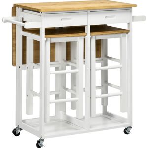 Homcom Ensemble table de bar 2 tabourets 2 tiroirs bois bambou verni blanc