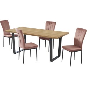 Baita Ensemble repas effet chene et velours rose 4 chaises