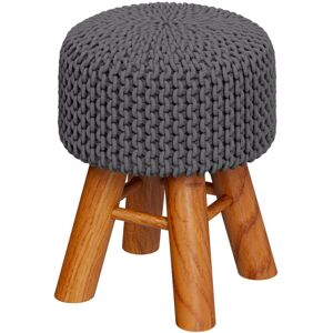 Rendez-Vous Deco Petit tabouret rond en tricot coton gris fonce et pieds en bois