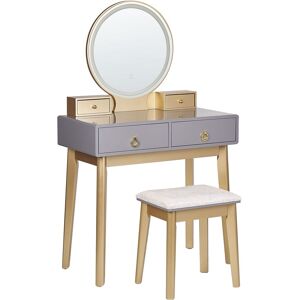 Beliani Coiffeuse avec miroir a LED et tabouret gris et dore