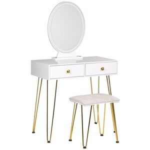 Beliani Coiffeuse blanc et dore avec miroir a LED et tabouret