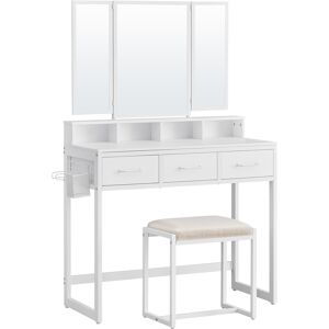 VASAGLE Coiffeuse avec tabouret et triple miroir 3 tiroirs seche-cheveux blanc