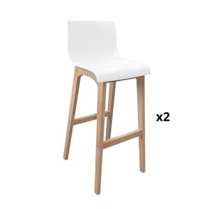 Mob In Tabourets de bar 75 cm pieds chene assise plastique blanche -Lot de 2