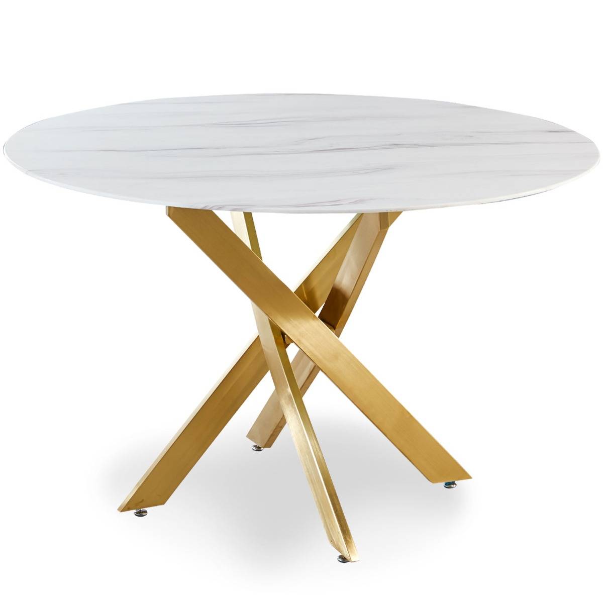 Menzzo Table ronde verre effet marbre blanc et pieds or