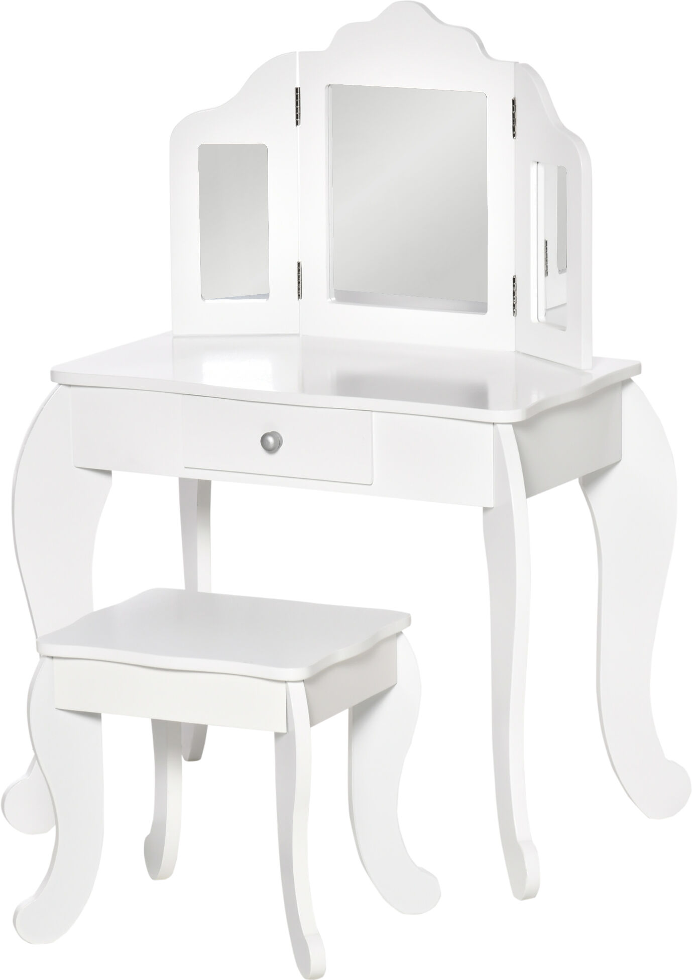 Homcom Coiffeuse enfant tabouret miroir triptyque et tiroir coulissant blanc