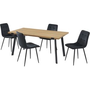 Baita Ensemble repas effet chêne et velours noir 4 chaises