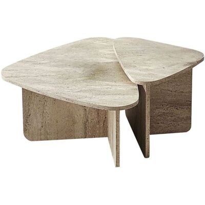 Calicosy Lot de 2 tables basses formes triangles l90/l60 cm - travertin - Publicité Calicosy Lot de 2 tables basses formes triangles l90/l60 cm - travertin - Publicité