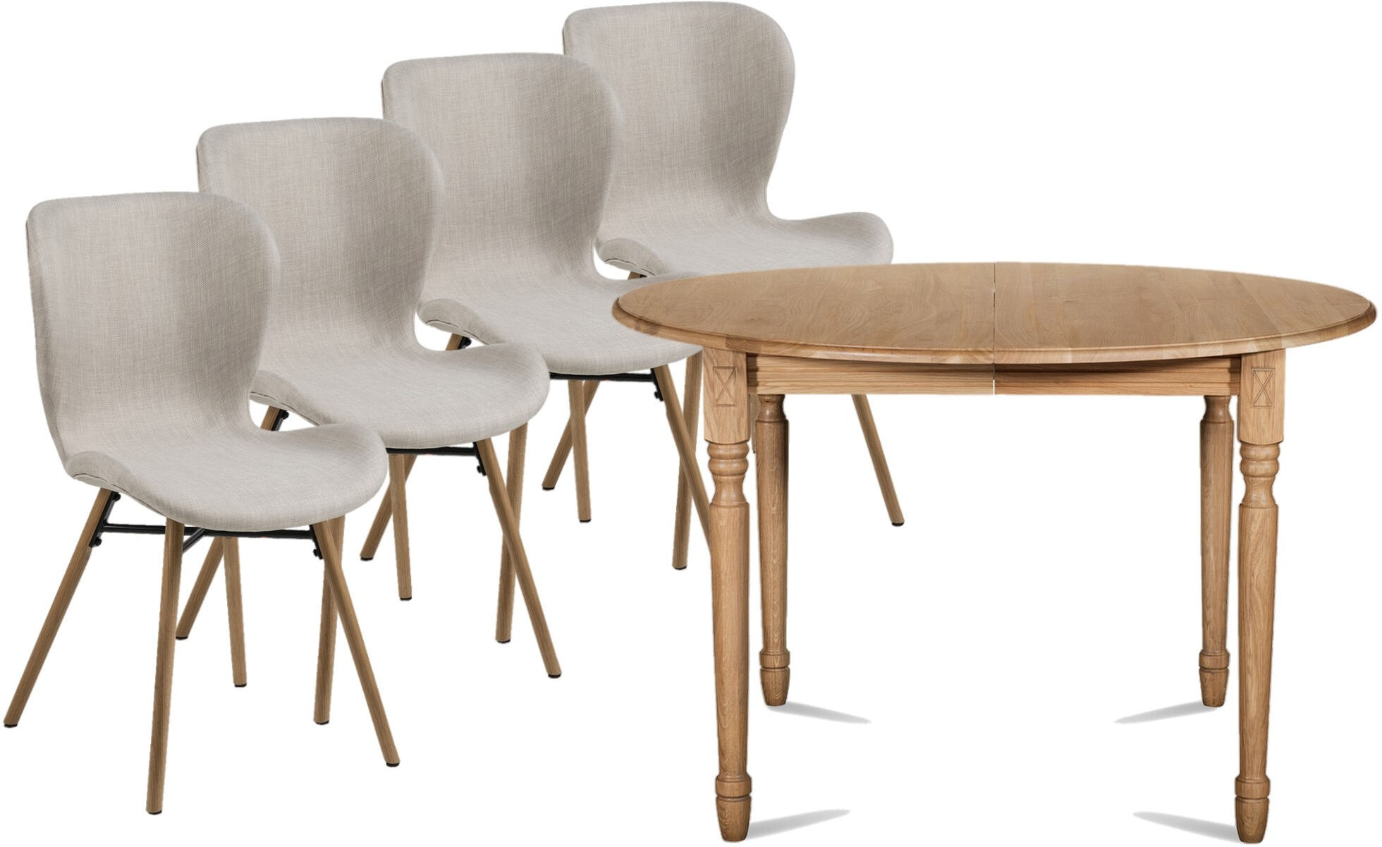 Hellin Table ronde extensible pieds tournés D115 + 4 chaises tissu