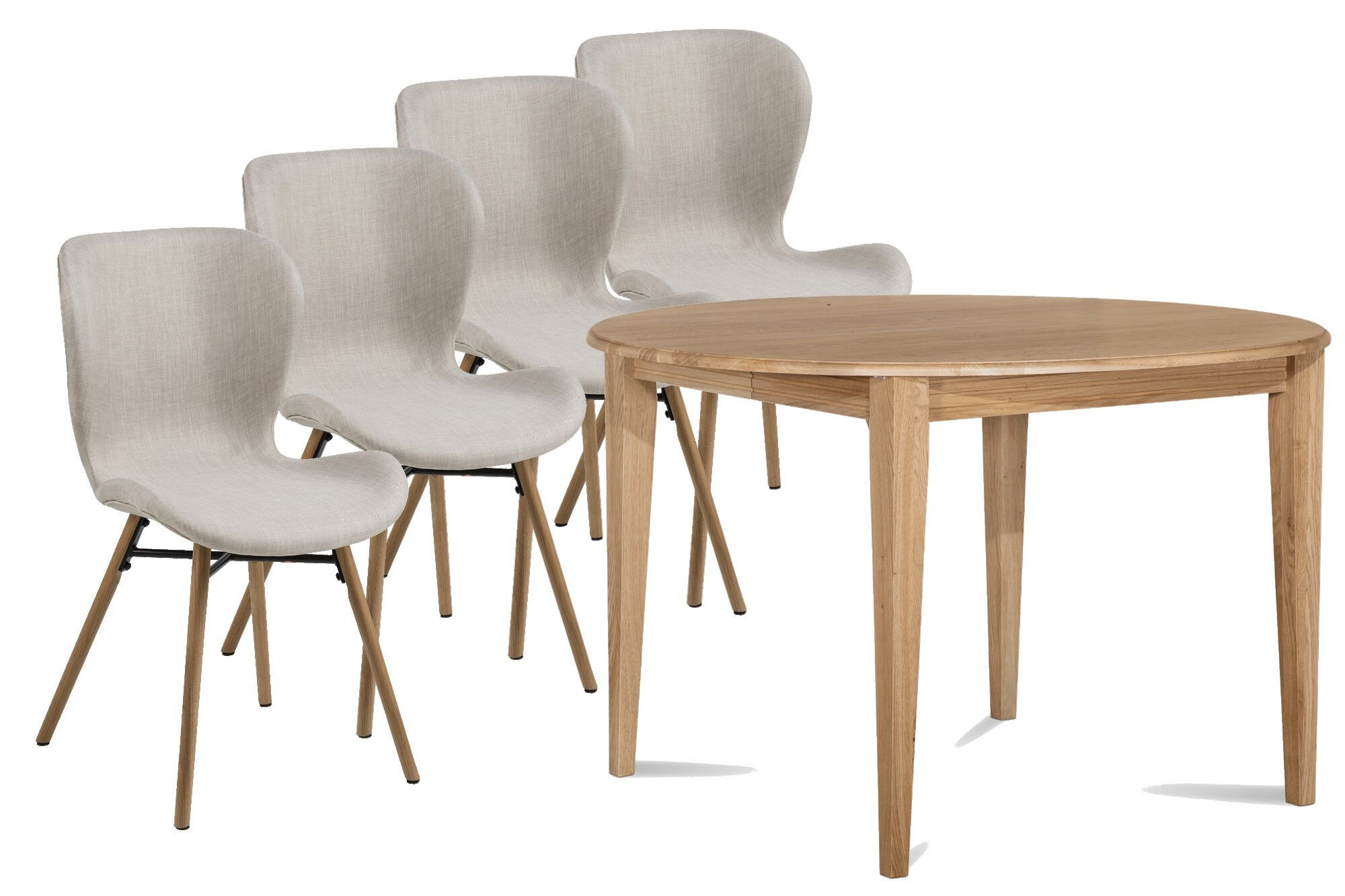 Hellin Table ronde extensible pieds fuseau D115 + 4 chaises tissu