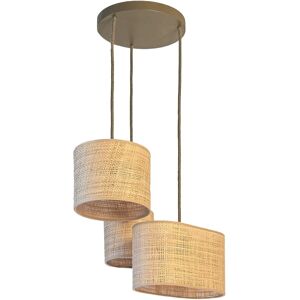 La suspension Sous les Oliviers vous fera voyager sur les sentiers de garrigue. Elle met en valeur l'équilibre entre des matériaux bruts et un design contemporain. Elle se compose d'une base en panneau de fibre, sobre et élégante de couleur vert olive, de  3 câbles textiles assortis à la base , et de 3 abat-jour en fibres tressées  qui diffusent une lumière chaleureuse et apaisante. Idéale dans une chambre,dans une entrée ou dans un salon, elle s'intégre parfaitement dans une décoration bohème ou nature chic.Les 3 douilles E27 accueilleront 3 ampoules led de 9 watt maximum, non fournies. (hauteur et diamètre recommandés des ampoules : 85mm x 45 mm) image