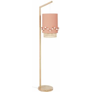 Maisons du Monde Lampadaire en bois d'hevea abat-jour rose avec pompons H138