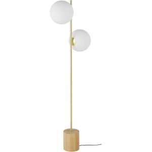 Maisons du Monde Lampadaire en metal dore et bois d'hevea 2 globes opalines H166