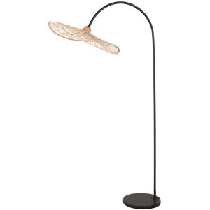 Maisons du Monde Lampadaire en metal noir, abat-jour en bois d'hevea et rotin tresse H182