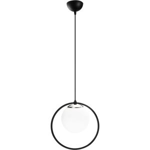 Wonderlamp Suspension noire en forme d'anneau avec sphere en verre opale