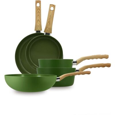 Menastyl Batterie de cuisine 5 pièces en aluminium recyclé kaki - tous feux - Publicité Menastyl Batterie de cuisine 5 pièces en aluminium recyclé kaki - tous feux - Publicité