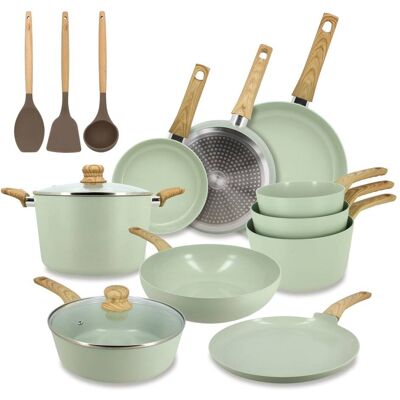 Menastyl Batterie de cuisine 13 pièces en aluminium recyclé celadon - tout feux - Publicité Menastyl Batterie de cuisine 13 pièces en aluminium recyclé celadon - tout feux - Publicité