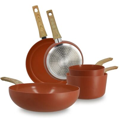 Menastyl Batterie de cuisine 5 pièces en aluminium recyclé brique - tous feux - Publicité Menastyl Batterie de cuisine 5 pièces en aluminium recyclé brique - tous feux - Publicité