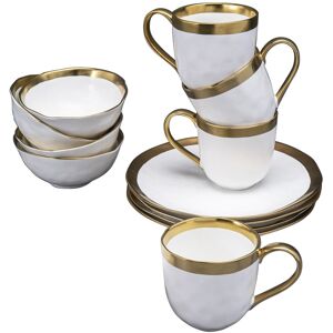 Kare Design Lot 6 mugs, 6 bols, 6 assiettes plates en porcelaine blanche et doree