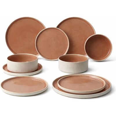 Sia Deco Set de 16 pièces de vaisselle en grès beige et blanc l28 - Publicité Sia Deco Set de 16 pièces de vaisselle en grès beige et blanc l28 - Publicité
