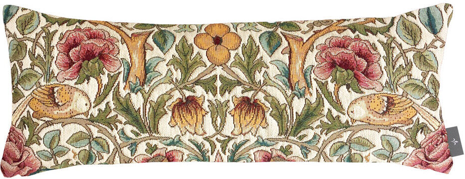 ART Coussin roses et oiseaux d'après w.morris made in france blanc 22x58