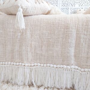 My Bliss Home Plaid en coton avec frange et coquillages, blanc 140x200 cm