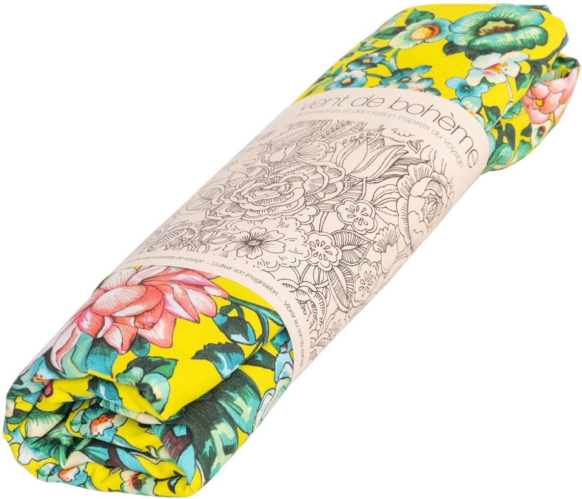 Vent de Bohème Nappe grand format en coton imprimé fleuri jaune 140x235