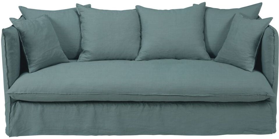 Maisons du Monde Housse de canapé 3/4 places en lin froissé bleu céladon Louvain Maisons du Monde Housse de canapé 3/4 places en lin froissé bleu céladon Louvain
