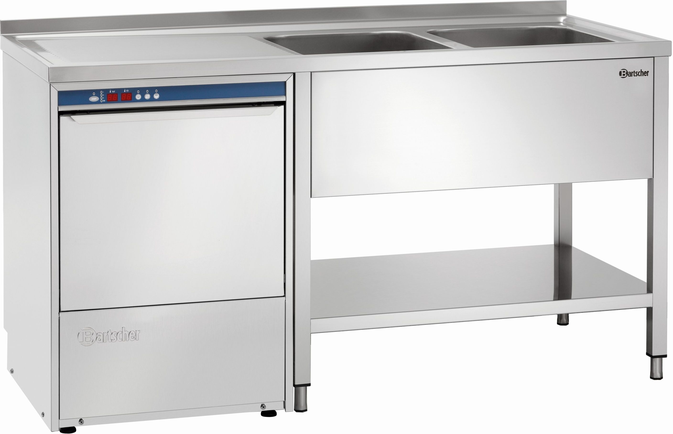 Bartscher Plonge pour laverie a 2 bassins avec egouttoir a gauche et etagere intermediaire Bartscher Plonge pour laverie a 2 bassins avec egouttoir a gauche et etagere intermediaire