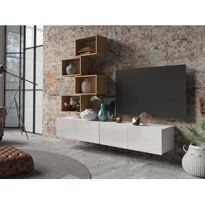 Mobistoxx Mur tv-hifi BURANO 3 portes blanc brillant/chene dore