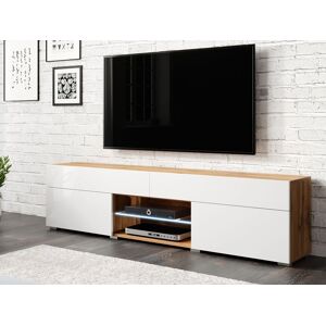 Mobistoxx Meuble tv-hifi CARTER 2 portes 2 tiroirs blanc brillant/chene wotan avec led