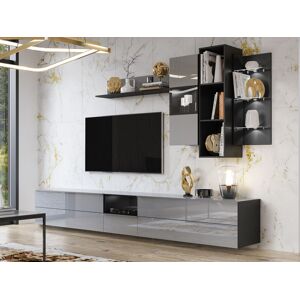 Mobistoxx Mur tv-hifi HELA 3 portes 1 tiroir noir/gris brillant avec led