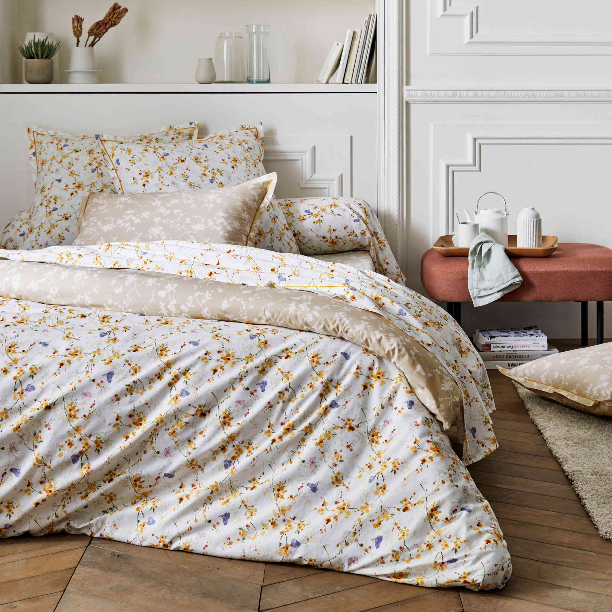 Parure de lit percale Bel Amour jaune 200x200 cm - Tradilinge