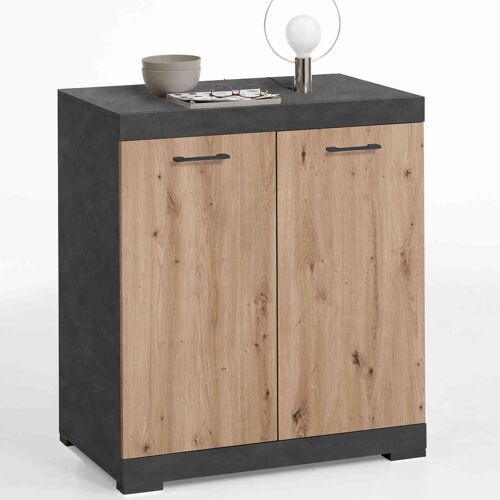 Terre de Nuit Commode 2 portes en bois imitation chêne clair et anthracite - CO13002