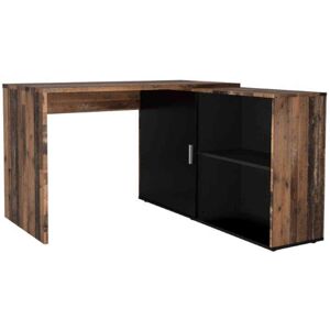 Terre de Nuit Bureau d'angle 1 porte coulissante et niches de rangement en bois old style foncé et noir - BU13033-4