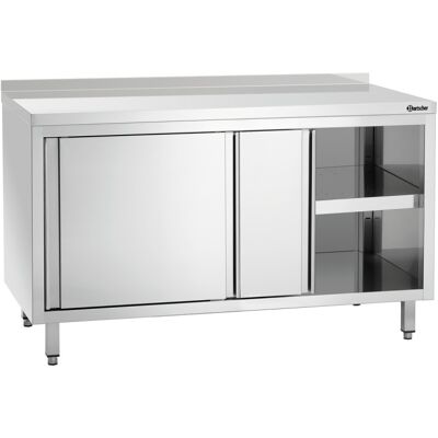 Bartscher Meuble en Inox avec Portes Coulissantes, Etagère et Dosseret - L 1400 mm - Publicité Bartscher Meuble en Inox avec Portes Coulissantes, Etagère et Dosseret - L 1400 mm - Publicité